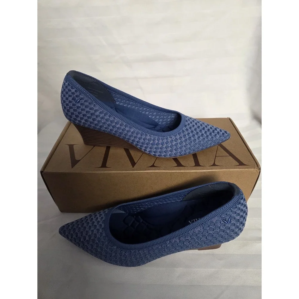 Vivaia Blue Woven Pointed Toe Wedge Pumps Sustainable Knit Shoes Size US 8 EU 39